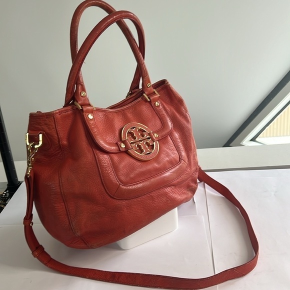 Tory Burch Amanda Orange Salmon Leather Satchel Shoulder Crossbody Bag - Picture 1 of 16